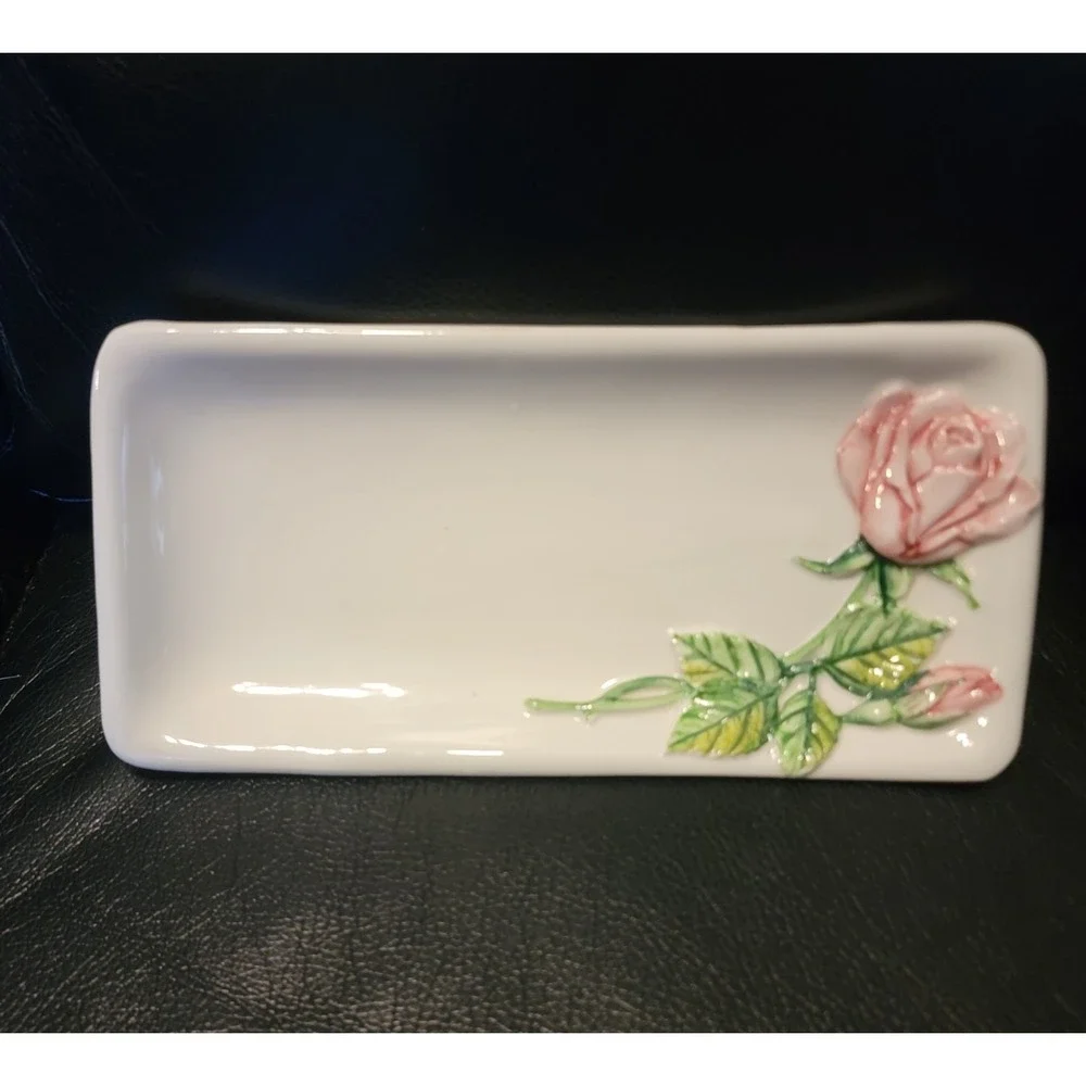Vintage B ALTMAN Italian Pottery Rose Trinket Dish/Tray Hand-Painted Italy 10150